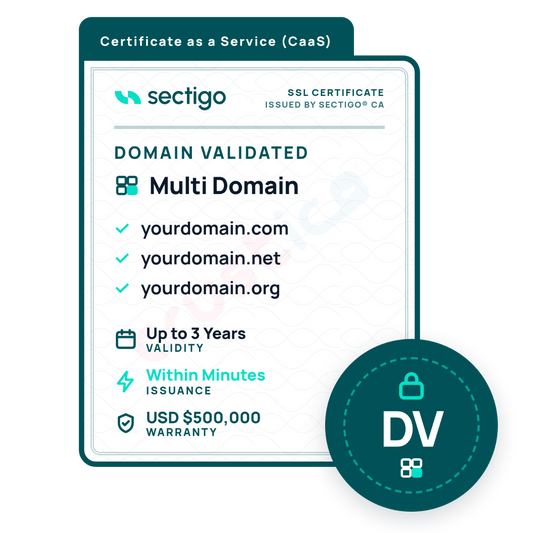 Sectigo® CaaS DV + Multi Domain certificate from Sectigo CA offers rapid issuance within minutes via the ACME protocol, supports multiple sample domains, includes a $500,000 warranty and a DV security badge. This SSL certificate is ideal for fast and secure multi-domain protection.