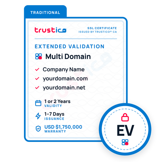 The Trustico® EV + Multi Domain certificate from Trustico CA displays your company name, secures multiple domains, offers 1–7 day issuance, and provides a USD $1,750,000 warranty. This premium EV Multi Domain SSL also includes icons and checkmarks to showcase its benefits.