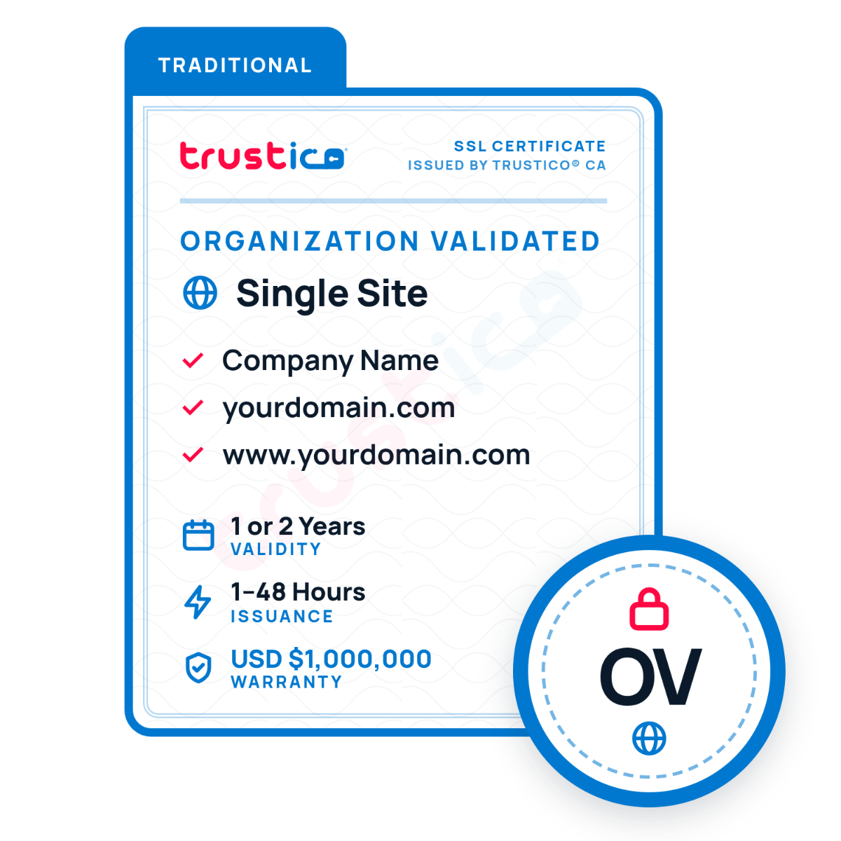 The Trustico® OV Single Site SSL Certificate by Trustico CA provides organization validation for a single website, features fast issuance, includes a $1,000,000 warranty, and displays your company name and domain in the certificate details.
