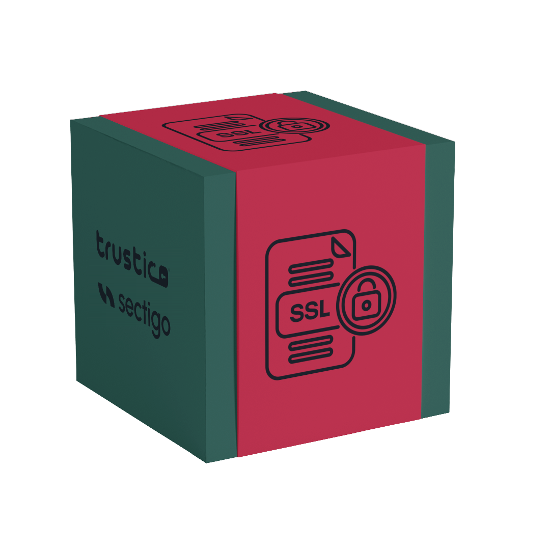 A 3D cube with teal sides and red faces displays icons of a document labeled SSL with a padlock, symbolizing the Sectigo® EV Single Site certificate from Sectigo® CA, and the Trustico® Sectigo® text on another side.