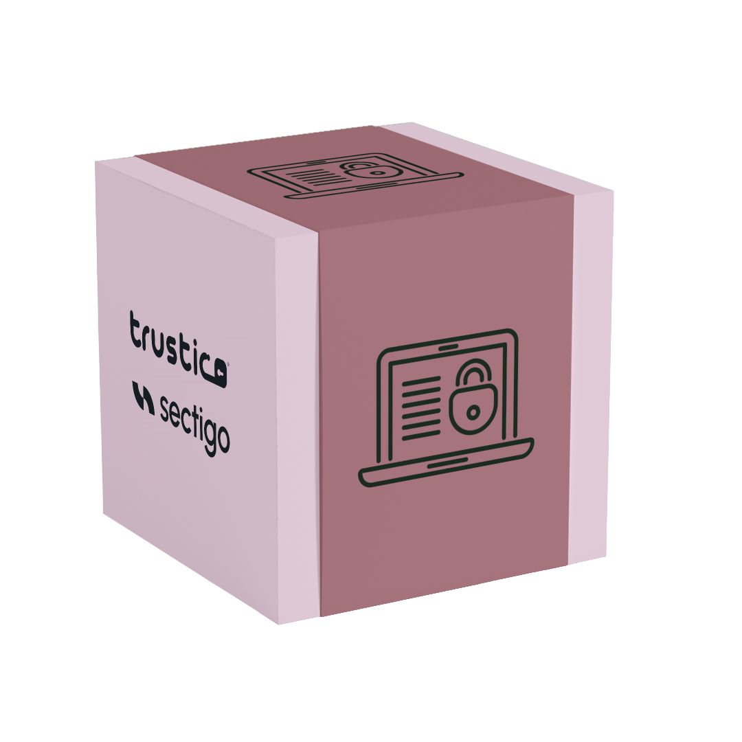 A pink and mauve cube featuring the Trustico® and Sectigo® logos together with an icon of a laptop displaying a padlock on the screen, represents cybersecurity and advanced protection offered by solutions such as Sectigo® OV + Multi Domain from Sectigo® CA.