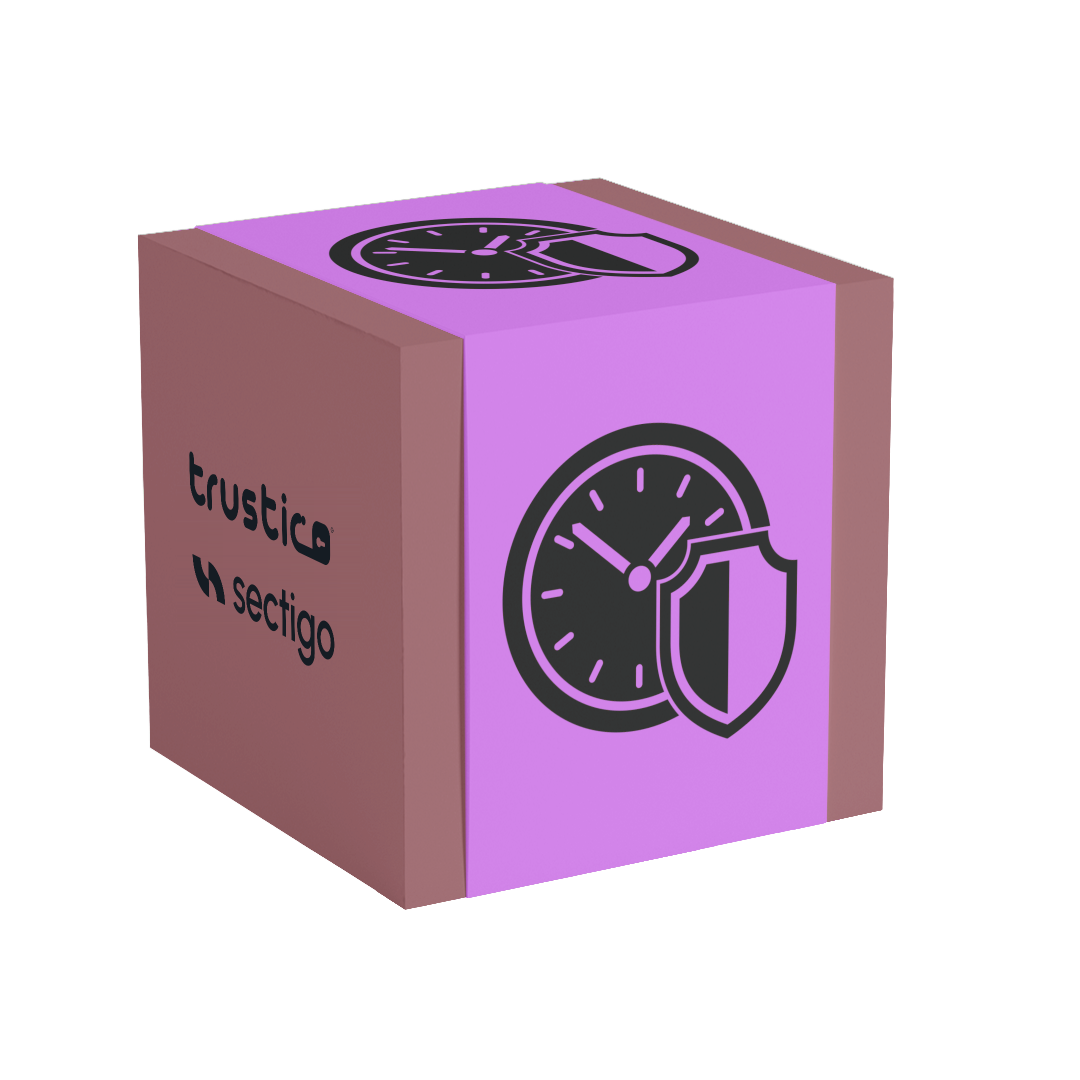 A purple and brown box features a clock with a shield on one side, along with Trustico® and Sectigo® CA logos, highlighting security and time-related services such as the Sectigo® EV + Multi Domain SSL Certificate.