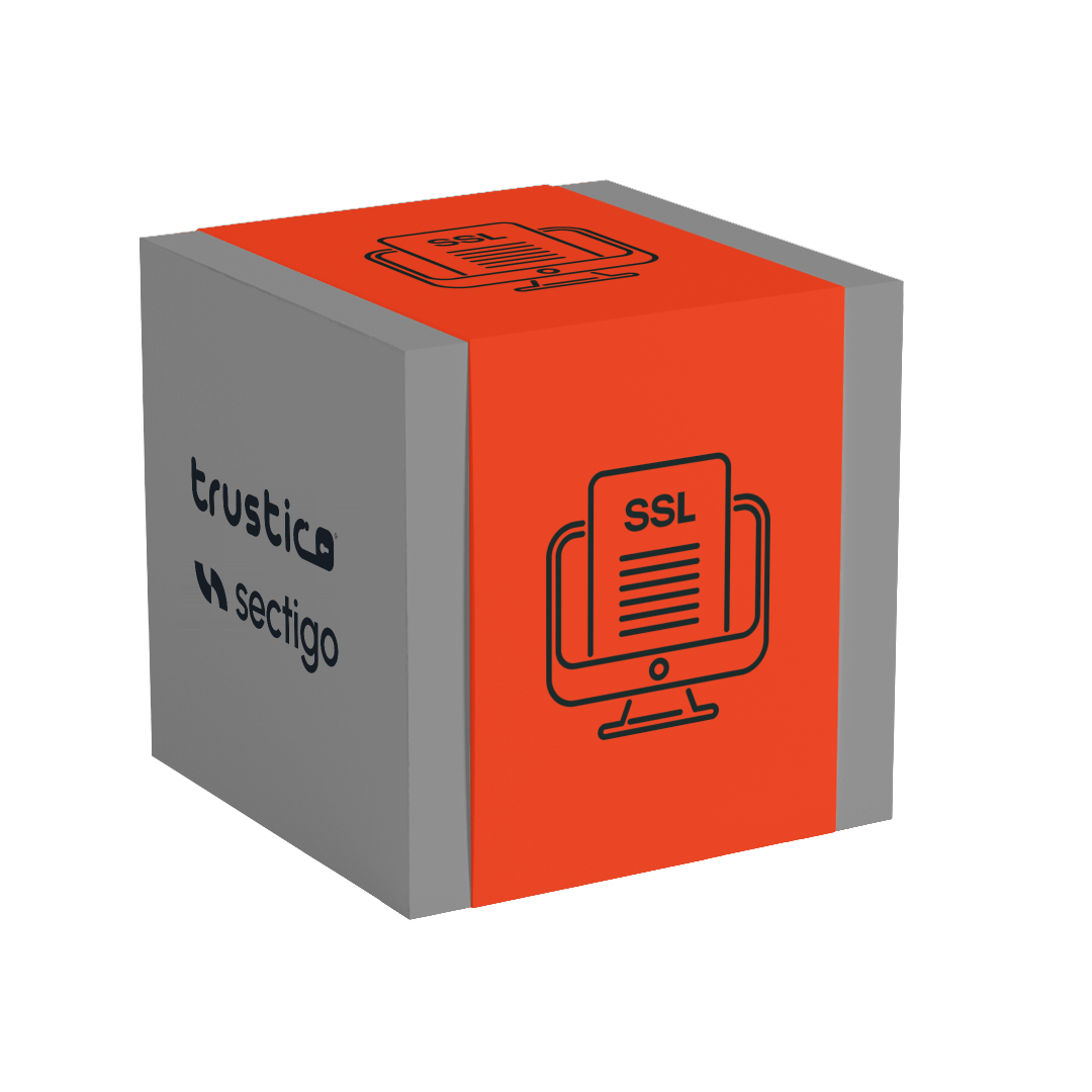 A 3D gray and orange box featuring a screen icon displaying “SSL” on one side and the Trustico® Sectigo® text on another, representing digital security or services such as the Sectigo® OV + Wildcard - an Organization Validation (OV) SSL wildcard certificate from Sectigo® CA.